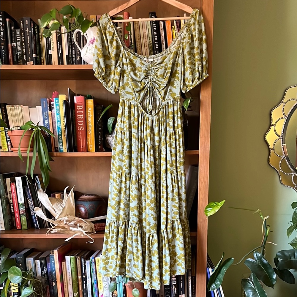 Shop Cuffs. Sky blue/chartreuse floral pattered midi dress.